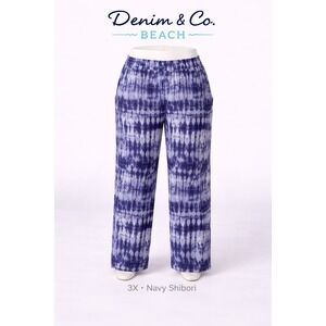 Denim & Co Beach Womens 3X Navy Shibori Tie Dye Wide Leg Knit Pull On Pants New